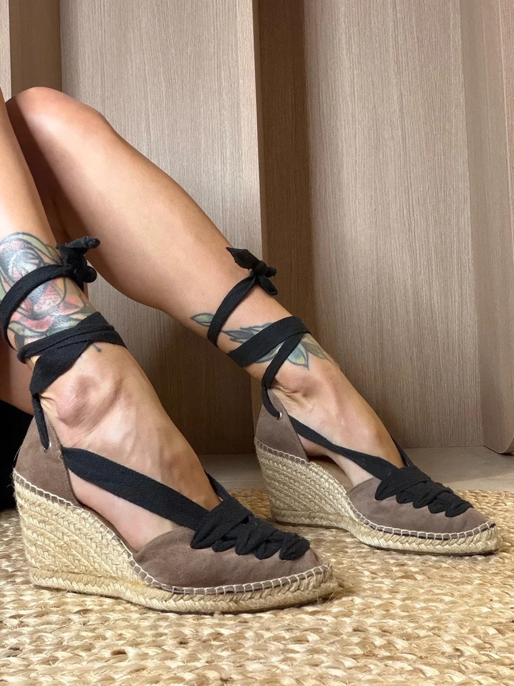 Women’s Lace-Up Espadrille Wedge Sandals in Taupe and Black